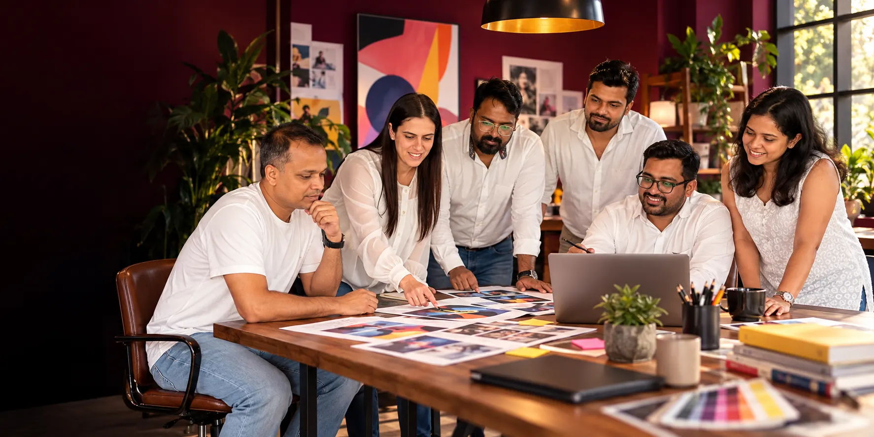 A creative agency team developing a colorful campaign together