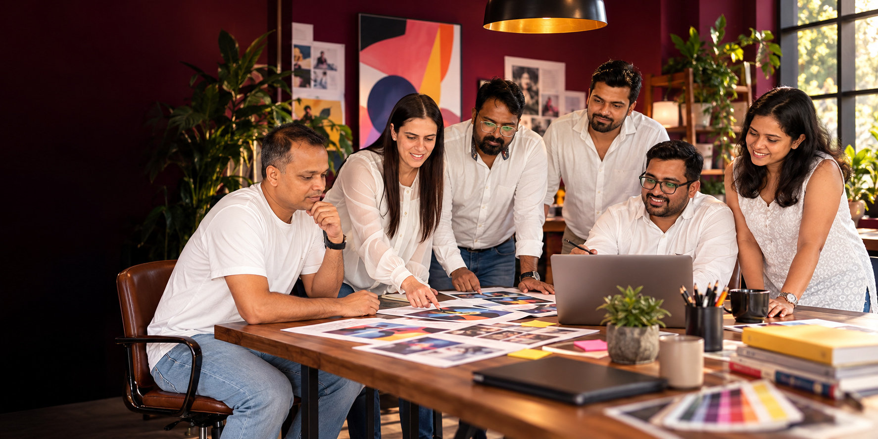 A creative agency team developing a colorful campaign together